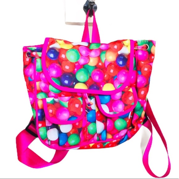 SWEETZ-A-RIFFIC Gum Ball Print Backpack/Bag With Drawstring Fastening Hot Pink - Picture 1 of 14